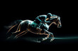 Horse racing at night. Digital illustration of thoroughbred and jockey. Generative AI.
