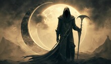 Illustration Painting Of The Death As Know As Grim Reaper Holding The Scythe Against The Eclipse On The Background, Digital Art Style, Generate Ai