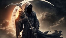 Illustration Painting Of The Death As Know As Grim Reaper Holding The Scythe Against The Eclipse On The Background, Digital Art Style, Generate Ai