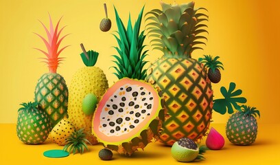  a group of pineapples and other tropical fruits on a yellow background.  generative ai