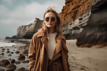 beautiful girl walking on the rocky shore