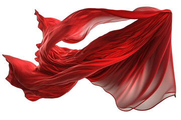 A vibrant red silk fabric gracefully billows against a clear, transparent background as it floats through the air.Generative AI