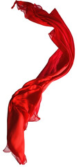 This image displays a long, flowing red silk fabric gracefully flying in the air against a transparent background, creating a striking and beautiful visual effect.Generative AI