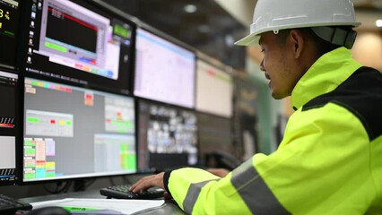 Wall Mural - Engineer working at control room,Manager control system,Technician man monitoring program from a lot of monitor