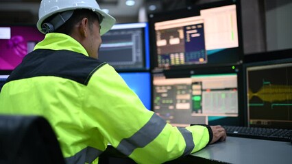 Engineer working at control room,Manager control system,Technician man monitoring program from a lot of monitor
