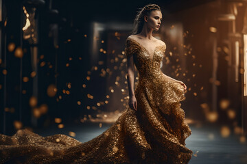 portrait of a woman in the golden evening dress