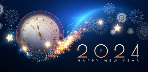 Wall Mural - Happy new 2024 year. Ckock, elegant gold text with fireworks, snowflakes and light effects.