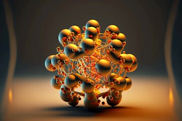 Poster - Golden volumetric model of neutron proton bond on atom orbit, created with generative ai