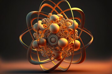 Sticker - Volumetric three-dimensional model atom orbit with protons and neutrons, created with generative ai