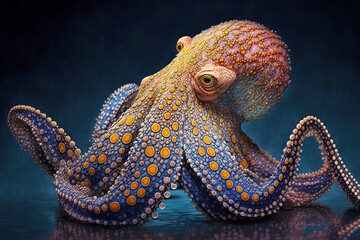 Wall Mural - Large octopus sea with unusual attractive coloration on dark background, created with generative ai