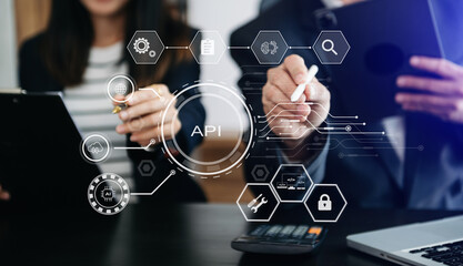 API Application Programming Interface, woman using laptop, tablet and smartphone with virtual screen API icon Software development tool, modern technology and networking concept..