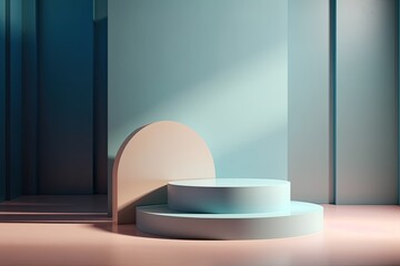 Canvas Print - Product podium backdrop with spotlight on circular table. Elegant geometric abstract. Pastel neutral tabletop display. Generative AI