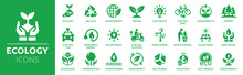 Ecology Icon Set. Environment, Sustainability, Nature, Recycle, Renewable Energy; Electric Bike, Eco-friendly, Forest, Wind Power, Green Symbol. Solid Icons Vector Collection.
