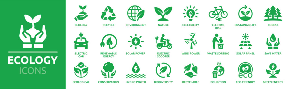ecology icon set. environment, sustainability, nature, recycle, renewable energy; electric bike, eco