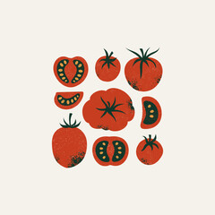 Wall Mural - tomato collection. whole and half cut tomatoes. textured retro style. vector illustration