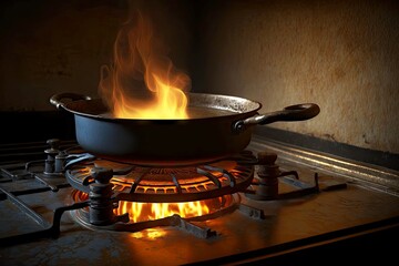 Poster - Frying pan on which food is fried steel pot on gas burner, created with generative ai