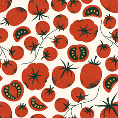 Wall Mural - tomato seamless pattern. whole and half cut tomatoes. textured retro style. . vector illustration