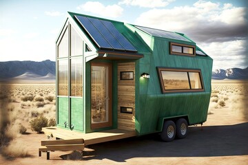 Sticker - Small tiny house on wheels for travel standing in desert, created with generative ai