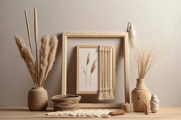 Sticker - Wooden picture frame, twine thread, and boho decoration mockup. Blank beige scandinavian template. Generative AI