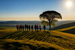 Eine Gruppe Menschen in der Morgensonne genießt die Schönheit der Natur. Made with generative AI.