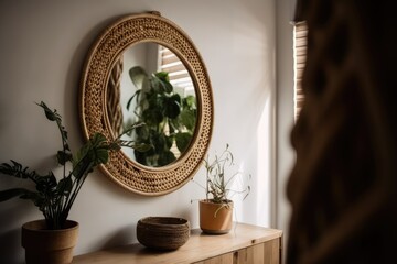 Wall Mural - circular mirror with bohemian style inside on white wall. Generative AI