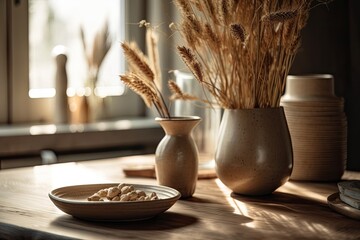 Sticker - Vase with flax dried flowers and dish on wooden table. Minimal boho cafe interior. Generative AI