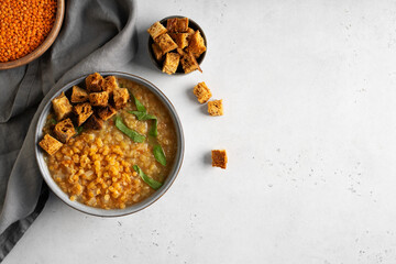 Wall Mural - Lentil soup with ingredient on white background