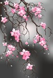 Fototapeta  - spring composition with a tree, pink flowers and water drops