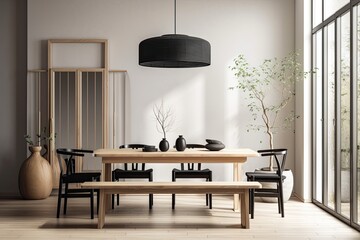 Wall Mural - Japandi dining room with white and black hardwood minimalist table. Wall mockup. Minimalist interiors. Generative AI