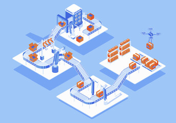 Fototapete - Automated industry concept 3d isometric web people scene with infographic. Robotic arms working in assembly line, sorting and packing, shipment by drone. Illustration in isometry graphic design