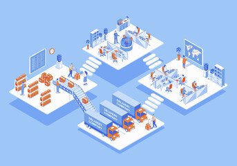 Fototapete - Delivery company concept 3d isometric web scene with infographic. People work in logistics department, workers loading boxes in warehouse for shipping. Illustration in isometry graphic design