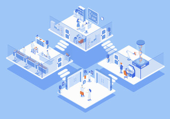 Aufkleber - Laboratory concept 3d isometric web scene with infographic. People at secure entrance, doing research in genetics, biochemistry and other departments. Illustration in isometry graphic design