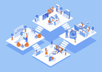 Leinwandbilder - Travel agency concept 3d isometric web scene with infographic. People at reception hall and waiting room, operators work and tour selection in office. Illustration in isometry graphic design