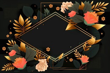 Wall Mural - Trendy memphis style floral background with geometric shapes, minimalistic flowers and leaves with empty space for text on black background