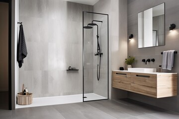 minimal design walk shower are simplicity, functionality, and clean lines with a focus on natural materials and subdued colors - Generated AI