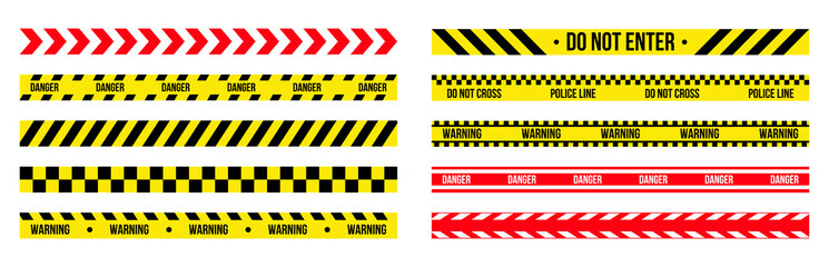 Yellow danger barriers. Warning red lines. Police adhesive tapes. Security caution ribbons. Attention barricades. Prohibited cordon borders. Vector current restricted zone boundaries set