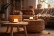 © AkuAku - Two wooden cups on bamboo coffee table in bright and pleasant living room with hazy backdrop. Wicker furniture with eco materials, candle, and cloth at boho chic interior. Generative AI