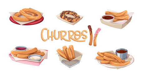 Churros set vector illustration. Cartoon isolated Mexican and Spanish sweet food menu collection with churro sticks from fried dough, snack and dessert in paper box, plate with hot chocolate bowl