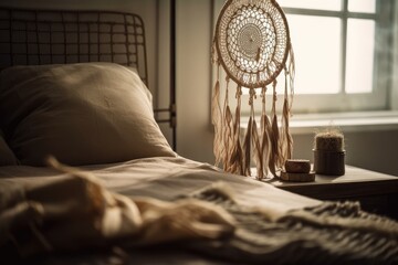 Dreamcatcher or macrame on bedroom wall. Bohemian, happy life and pleasant dreams. Boho chic, ethnic amulet. Bedside notepad and pen. Generative AI