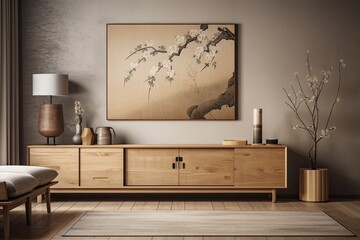 Wall Mural - White and beige Japanese living room. Hardwood dresser with frame prototype. Wallpaper, parquet. Modern decor,. Generative AI