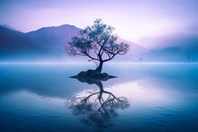 Illustration Of A Lone Tree On A Lake. Isolation And Loneliness Concept. Created With Generative AI Technology.