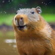 happy wet capybara playing in the water, made with generative ai