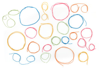 Wall Mural - frames or speech bubbles of colorful cotton threads isolated on white background. set of different c