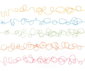 Wall Mural - tangled colorful cotton threads isolated on white background. abstract thread lines pattern.