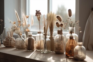 Sticker - floor arrangement of dried flowers in glass bottles. Dried flowers in comfortable Scandinavian room. Generative AI