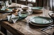 Hardwood rustic dining table with white and green tableware. Jute. Scandinavian bohemian decor. Plan, top,. Generative AI