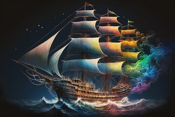 Wall Mural - Into the Mystic Skies: The Fantasy Rainbow Ship Generative AI