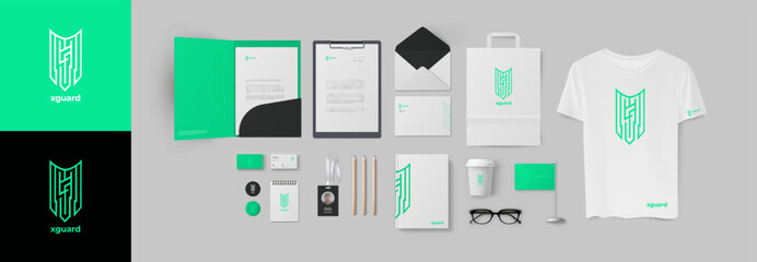 green corporate identity template design with color geometric elements in digital style. full starte