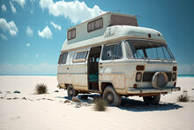 Abandoned Old Motorhome Camper Van. Vehicles On The Beach. Digital Nomad Life.