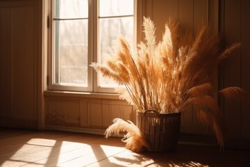 Sticker - Dried pampas grass in planter on room parquet floor. Generative AI